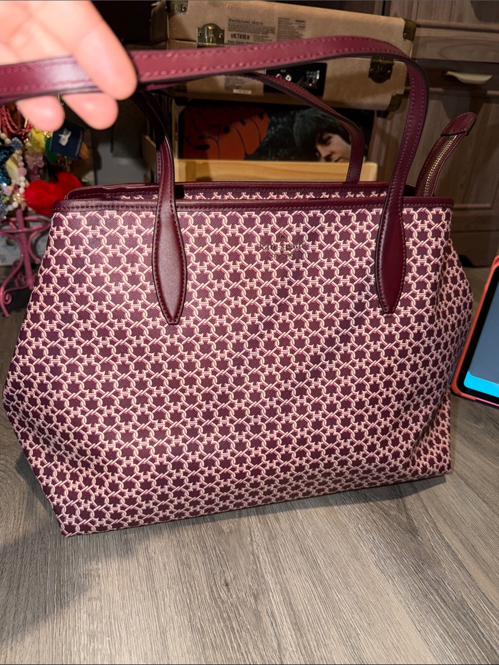 Kate spade maroon and cream patterned tote